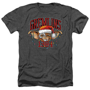 AN OFFCIALLY LICENSED GREMLINS VARSITY CHRISTMAS MEN'S HEATHER T-SHIRT CHARCOAL
