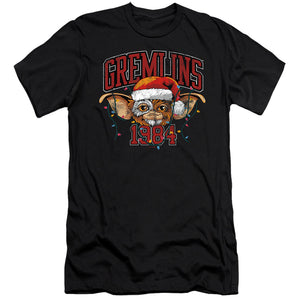 AN OFFCIALLY LICENSED GREMLINS VARSITY CHRISTMAS MEN'S PREMIUM SLIM FIT T-SHIRT BLACK