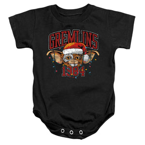 AN OFFCIALLY LICENSED GREMLINS VARSITY CHRISTMAS BABY BODYSUIT BLACK