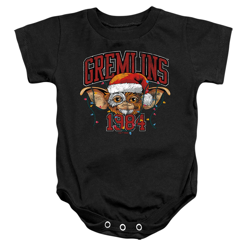 AN OFFCIALLY LICENSED GREMLINS VARSITY CHRISTMAS BABY BODYSUIT BLACK