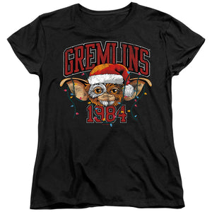 AN OFFCIALLY LICENSED GREMLINS VARSITY CHRISTMAS WOMEN'S REGULAR FIT T-SHIRT BLACK
