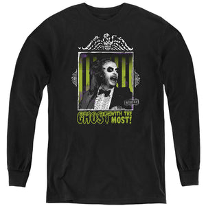 AN OFFCIALLY LICENSED BEETLEJUICE GHOST YOUTH LONG SLEEVE T-SHIRT BLACK