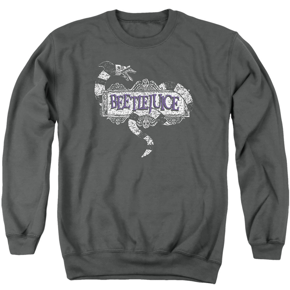 AN OFFCIALLY LICENSED BEETLEJUICE LOGO ADULT UNISEX CREWNECK SWEATSHIRT CHARCOAL