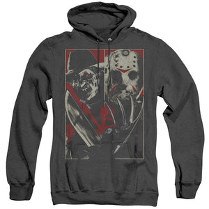 AN OFFCIALLY LICENSED FREDDY VS JASON VS ADULT UNISEX HEATHER PULLOVER HOODIE BLACK