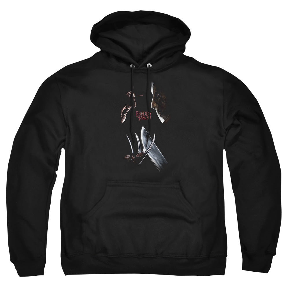 AN OFFCIALLY LICENSED FREDDY VS JASON FACE OFF ADULT UNISEX PULLOVER HOODIE BLACK