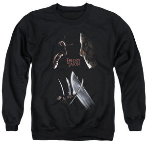 AN OFFCIALLY LICENSED FREDDY VS JASON FACE OFF ADULT UNISEX CREWNECK SWEATSHIRT BLACK