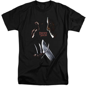 AN OFFCIALLY LICENSED FREDDY VS JASON FACE OFF MEN'S TALL FIT T-SHIRT BLACK