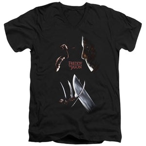 AN OFFCIALLY LICENSED FREDDY VS JASON FACE OFF MEN'S V-NECK T-SHIRT BLACK