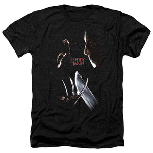 AN OFFCIALLY LICENSED FREDDY VS JASON FACE OFF MEN'S HEATHER T-SHIRT CHARCOAL