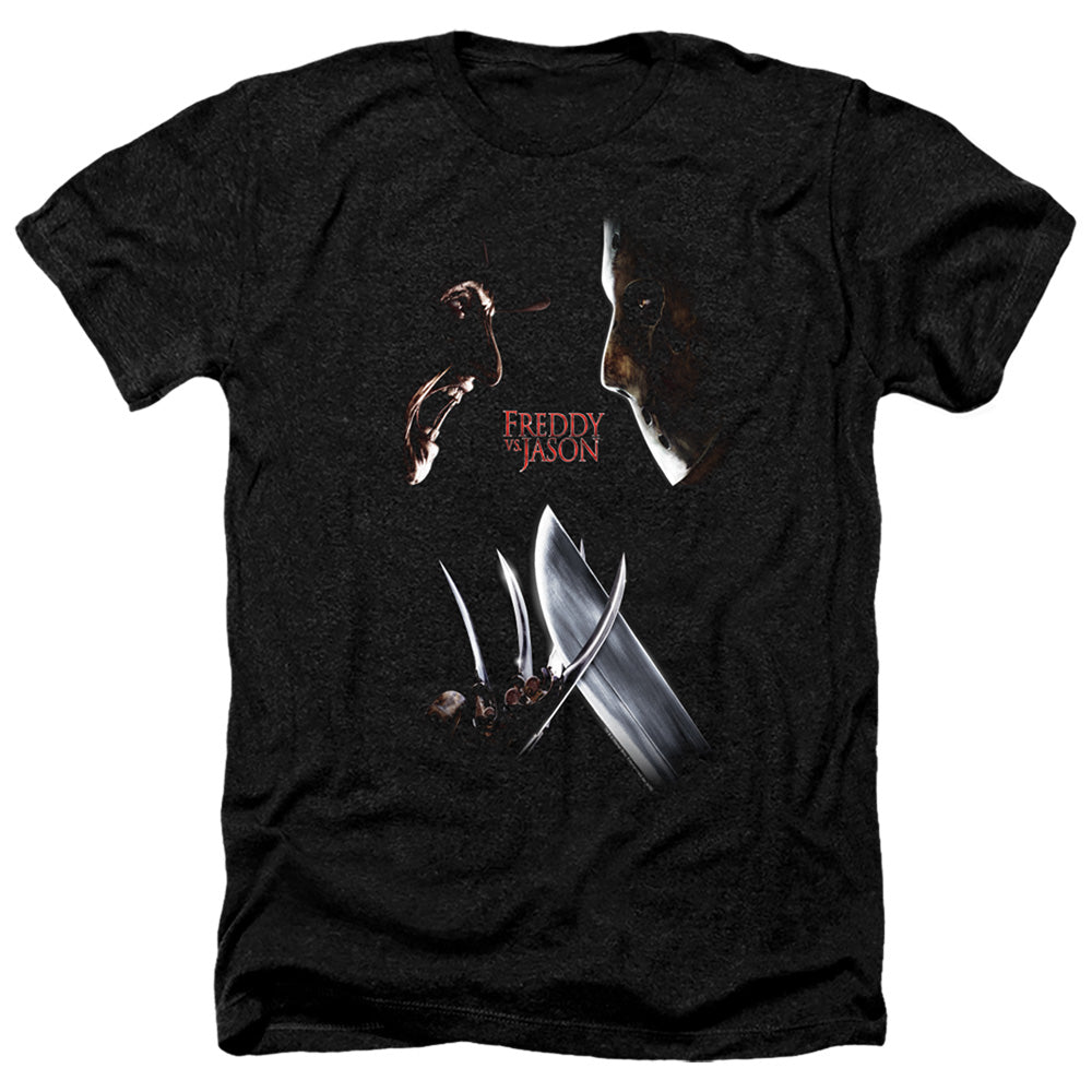 AN OFFCIALLY LICENSED FREDDY VS JASON FACE OFF MEN'S HEATHER T-SHIRT CHARCOAL