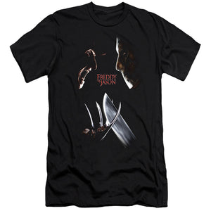 AN OFFCIALLY LICENSED FREDDY VS JASON FACE OFF MEN'S PREMIUM SLIM FIT T-SHIRT BLACK
