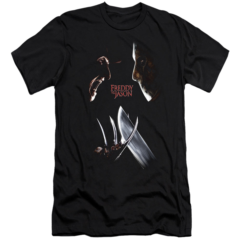AN OFFCIALLY LICENSED FREDDY VS JASON FACE OFF MEN'S PREMIUM SLIM FIT T-SHIRT BLACK