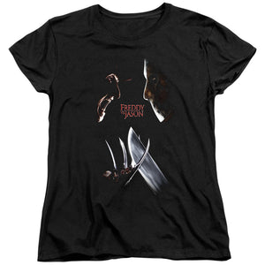 AN OFFCIALLY LICENSED FREDDY VS JASON FACE OFF WOMEN'S REGULAR FIT T-SHIRT BLACK