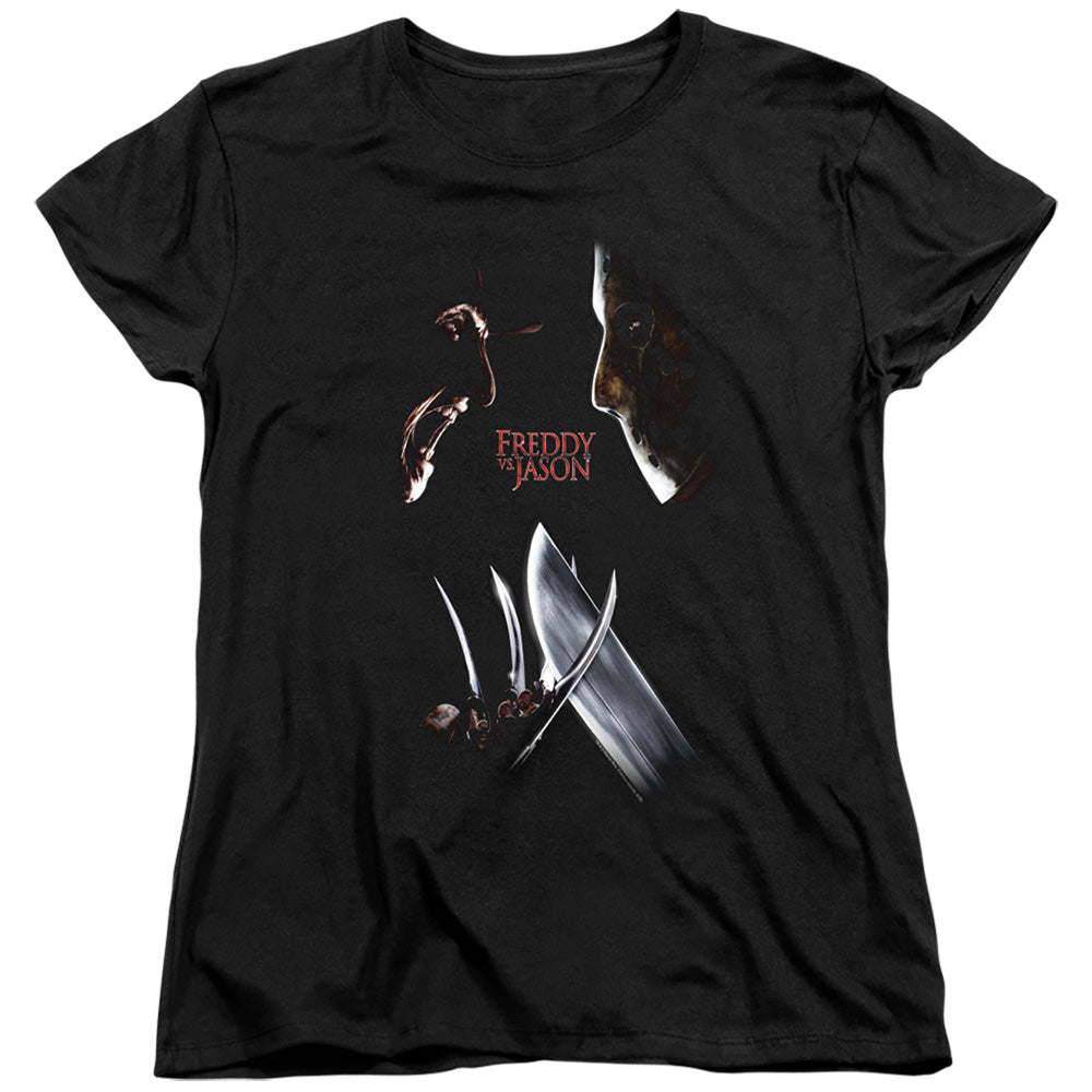 AN OFFCIALLY LICENSED FREDDY VS JASON FACE OFF WOMEN'S REGULAR FIT T-SHIRT BLACK