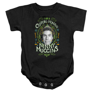 AN OFFCIALLY LICENSED ELF COTTON HEADED NINNY MUGGINS BABY BODYSUIT BLACK