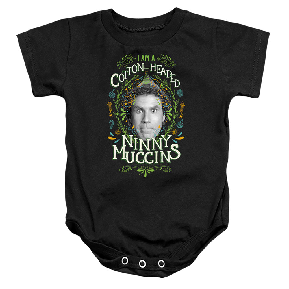 AN OFFCIALLY LICENSED ELF COTTON HEADED NINNY MUGGINS BABY BODYSUIT BLACK