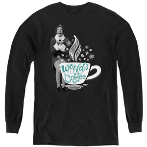 AN OFFCIALLY LICENSED ELF WORLD'S BEST CUP OF COFFEE YOUTH LONG SLEEVE T-SHIRT BLACK