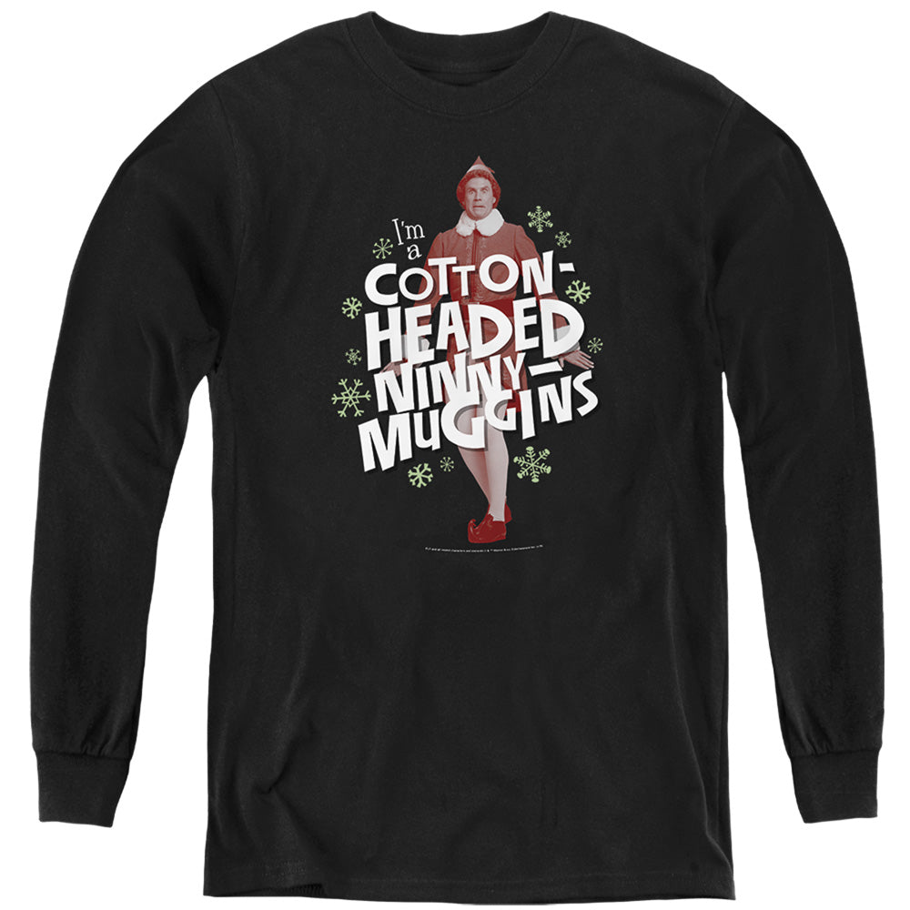 AN OFFCIALLY LICENSED ELF COTTON-HEADED NINNY MUGGINS YOUTH LONG SLEEVE T-SHIRT BLACK
