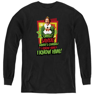 AN OFFCIALLY LICENSED ELF SANTA'S COMING! I KNOW HIM! YOUTH LONG SLEEVE T-SHIRT BLACK