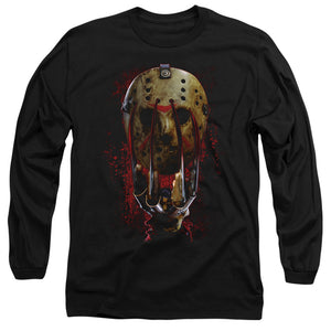 AN OFFCIALLY LICENSED FREDDY VS JASON MASK AND CLAWS MEN'S LONG SLEEVE T-SHIRT BLACK