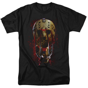 AN OFFCIALLY LICENSED FREDDY VS JASON MASK AND CLAWS MEN'S REGULAR FIT T-SHIRT BLACK