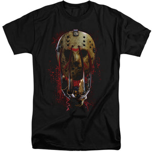 AN OFFCIALLY LICENSED FREDDY VS JASON MASK AND CLAWS MEN'S TALL FIT T-SHIRT BLACK