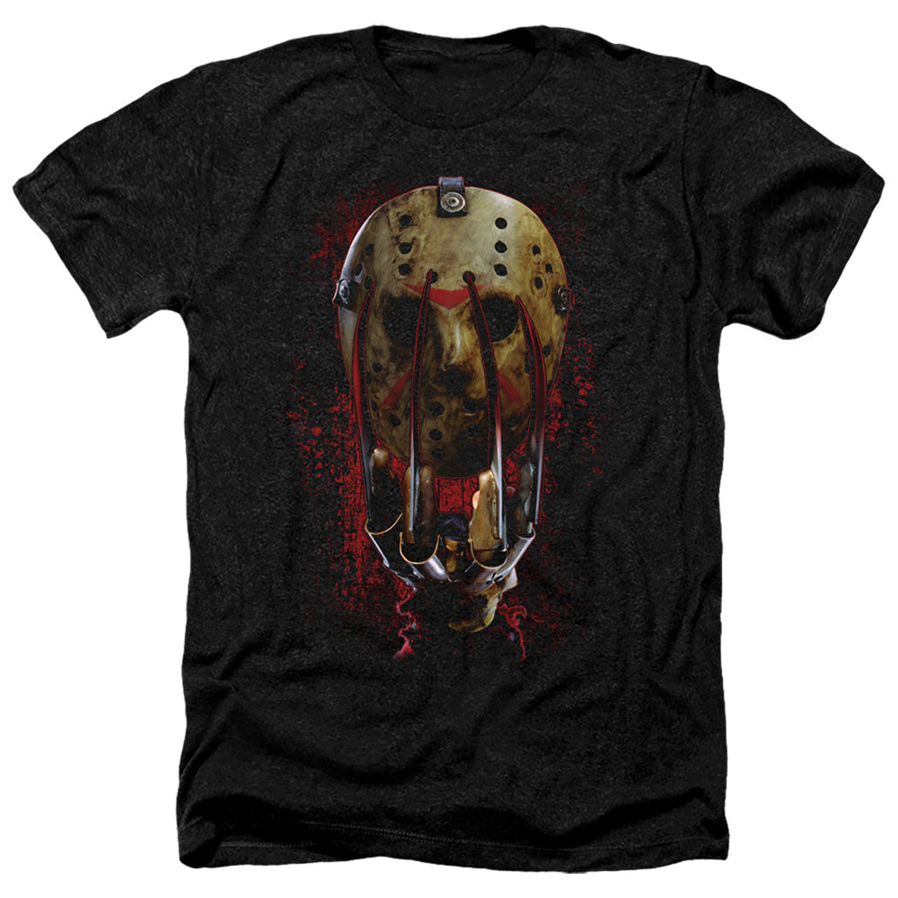 AN OFFCIALLY LICENSED FREDDY VS JASON MASK AND CLAWS MEN'S HEATHER T-SHIRT CHARCOAL