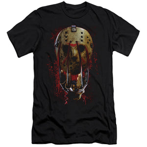 AN OFFCIALLY LICENSED FREDDY VS JASON MASK AND CLAWS MEN'S PREMIUM SLIM FIT T-SHIRT BLACK