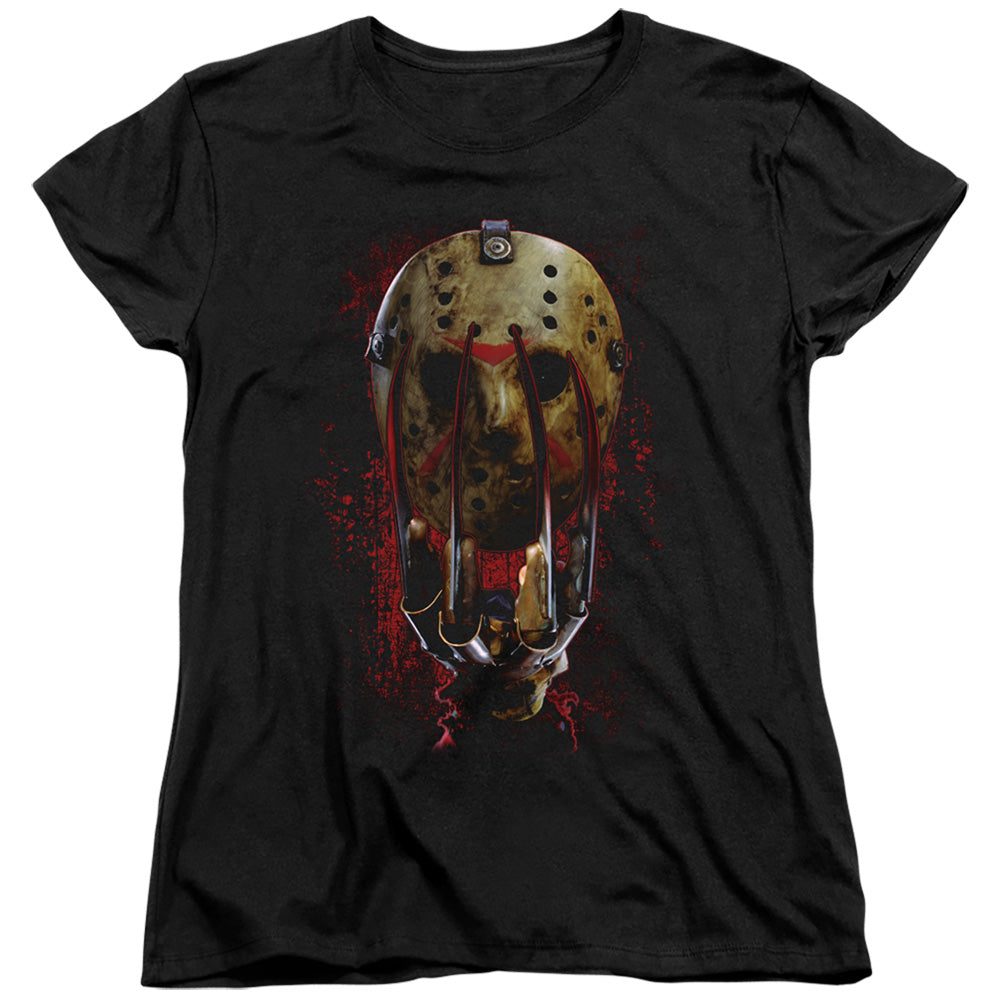 AN OFFCIALLY LICENSED FREDDY VS JASON MASK AND CLAWS WOMEN'S REGULAR FIT T-SHIRT BLACK