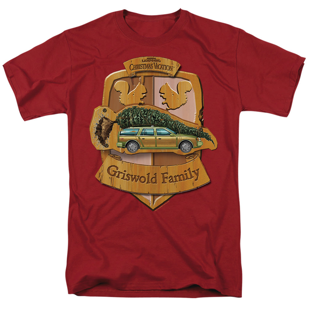 AN OFFCIALLY LICENSED CHRISTMAS VACATION GISWOLD FAMILY CREST MEN'S REGULAR FIT T-SHIRT CARDINAL