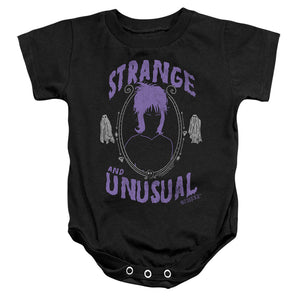 AN OFFCIALLY LICENSED BEETLEJUICE STRANGE AND UNUSUAL BABY BODYSUIT BLACK