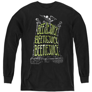 AN OFFCIALLY LICENSED BEETLEJUICE HEADSTONE NAME YOUTH LONG SLEEVE T-SHIRT BLACK