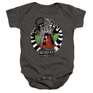 AN OFFCIALLY LICENSED BEETLEJUICE LYDIA WITH WORMS BABY BODYSUIT CHARCOAL