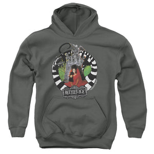AN OFFCIALLY LICENSED BEETLEJUICE LYDIA WITH WORMS YOUTH HOODIE CHARCOAL