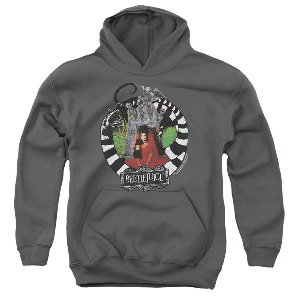 AN OFFCIALLY LICENSED BEETLEJUICE LYDIA WITH WORMS YOUTH HOODIE CHARCOAL