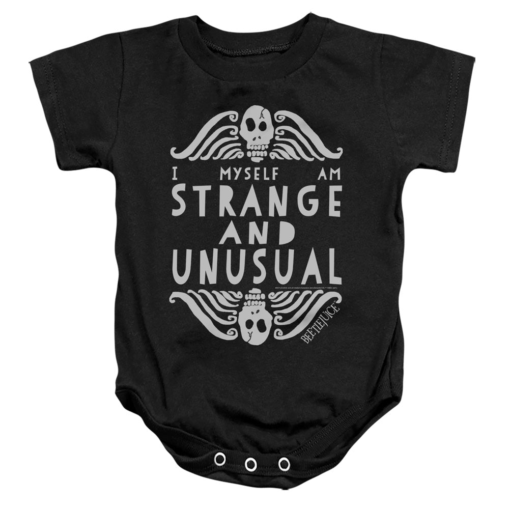 AN OFFCIALLY LICENSED BEETLEJUICE STRANGE AND UNUSUAL BABY BODYSUIT BLACK