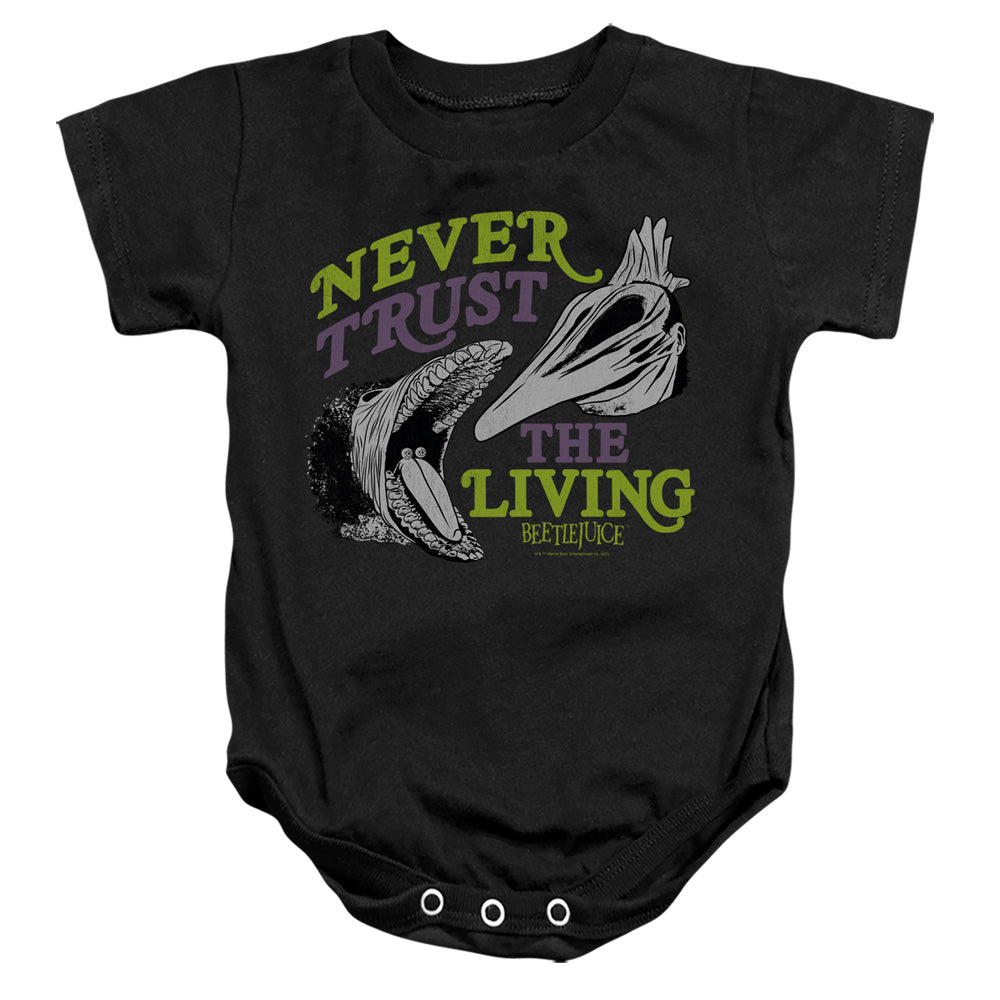 AN OFFCIALLY LICENSED BEETLEJUICE NEVER TRUST BABY BODYSUIT BLACK