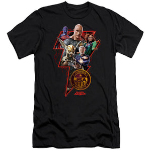 AN OFFCIALLY LICENSED BLACK ADAM BLACK ADAM CHARACTER BOLT MEN'S PREMIUM SLIM FIT T-SHIRT BLACK
