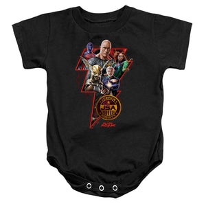 AN OFFCIALLY LICENSED BLACK ADAM BLACK ADAM CHARACTER BOLT BABY BODYSUIT BLACK