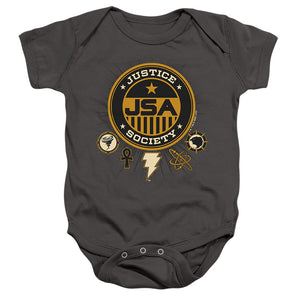AN OFFCIALLY LICENSED BLACK ADAM BLACK ADAM JUSTICE SOCIETY BABY BODYSUIT CHARCOAL