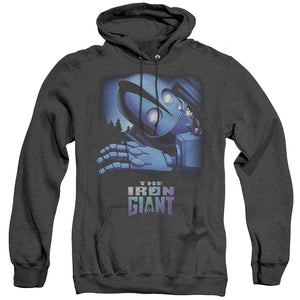 AN OFFCIALLY LICENSED IRON GIANT GIANT AND HOGARTH ADULT UNISEX HEATHER PULLOVER HOODIE BLACK
