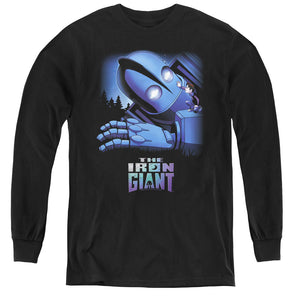 AN OFFCIALLY LICENSED IRON GIANT GIANT AND HOGARTH YOUTH LONG SLEEVE T-SHIRT BLACK