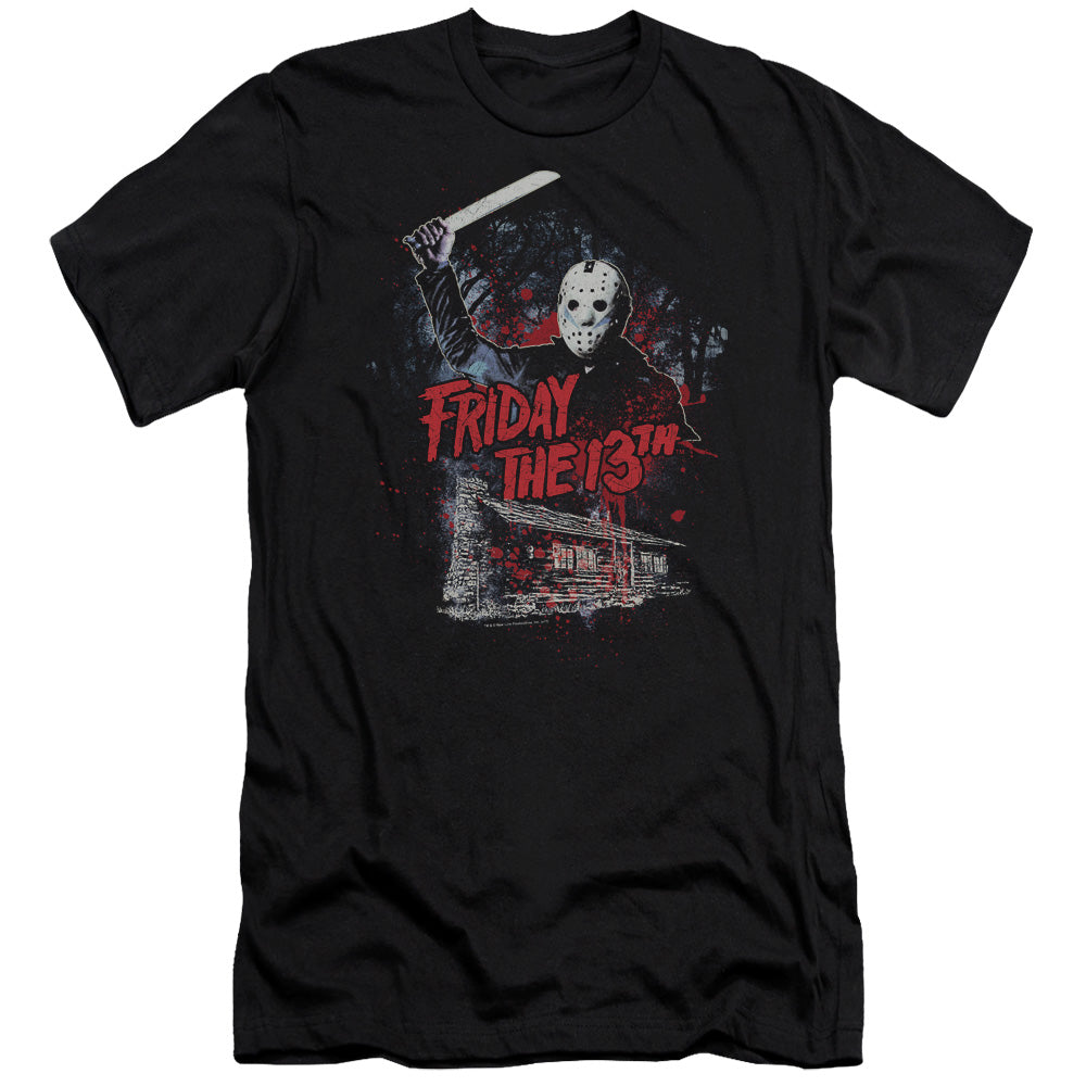 AN OFFCIALLY LICENSED FRIDAY THE 13TH CABIN MEN'S PREMIUM SLIM FIT T-SHIRT BLACK