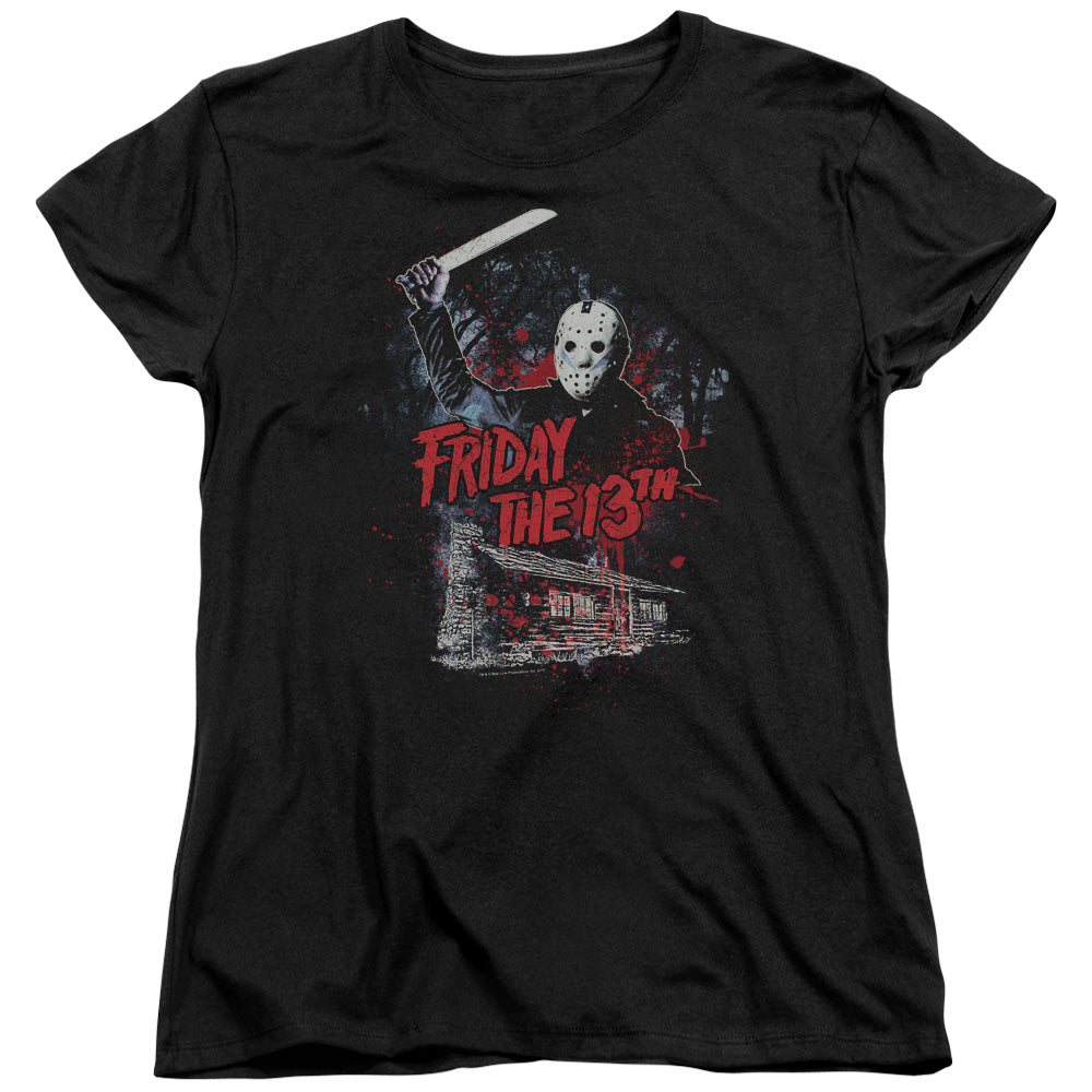 AN OFFCIALLY LICENSED FRIDAY THE 13TH CABIN WOMEN'S REGULAR FIT T-SHIRT BLACK