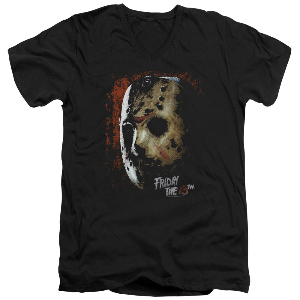 AN OFFCIALLY LICENSED FRIDAY THE 13TH MASK OF DEATH MEN'S V-NECK T-SHIRT BLACK