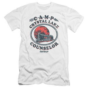 AN OFFCIALLY LICENSED FRIDAY THE 13TH CAMP COUNSELOR MEN'S PREMIUM SLIM FIT T-SHIRT WHITE