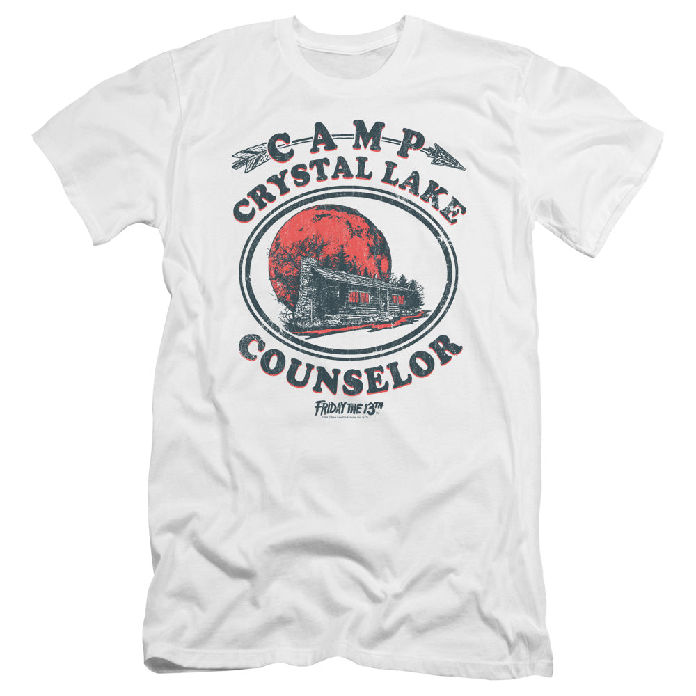 AN OFFCIALLY LICENSED FRIDAY THE 13TH CAMP COUNSELOR MEN'S PREMIUM SLIM FIT T-SHIRT WHITE