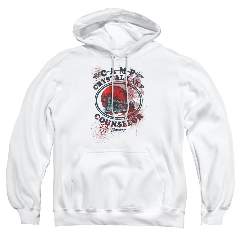 AN OFFCIALLY LICENSED FRIDAY THE 13TH CAMP COUNSELOR VICTIM ADULT UNISEX PULLOVER HOODIE WHITE