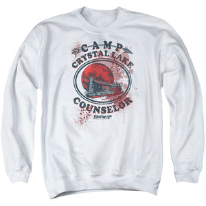AN OFFCIALLY LICENSED FRIDAY THE 13TH CAMP COUNSELOR VICTIM ADULT UNISEX CREWNECK SWEATSHIRT WHITE