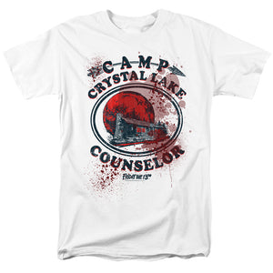 AN OFFCIALLY LICENSED FRIDAY THE 13TH CAMP COUNSELOR VICTIM MEN'S REGULAR FIT T-SHIRT WHITE